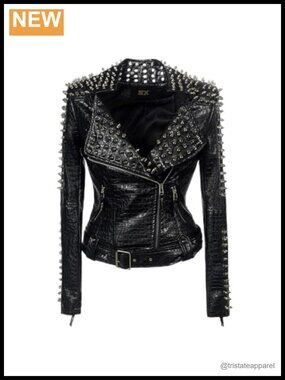 Women's Classic Inlaid Punk Motorcycle Leather Jacket Asymmetric Zipper